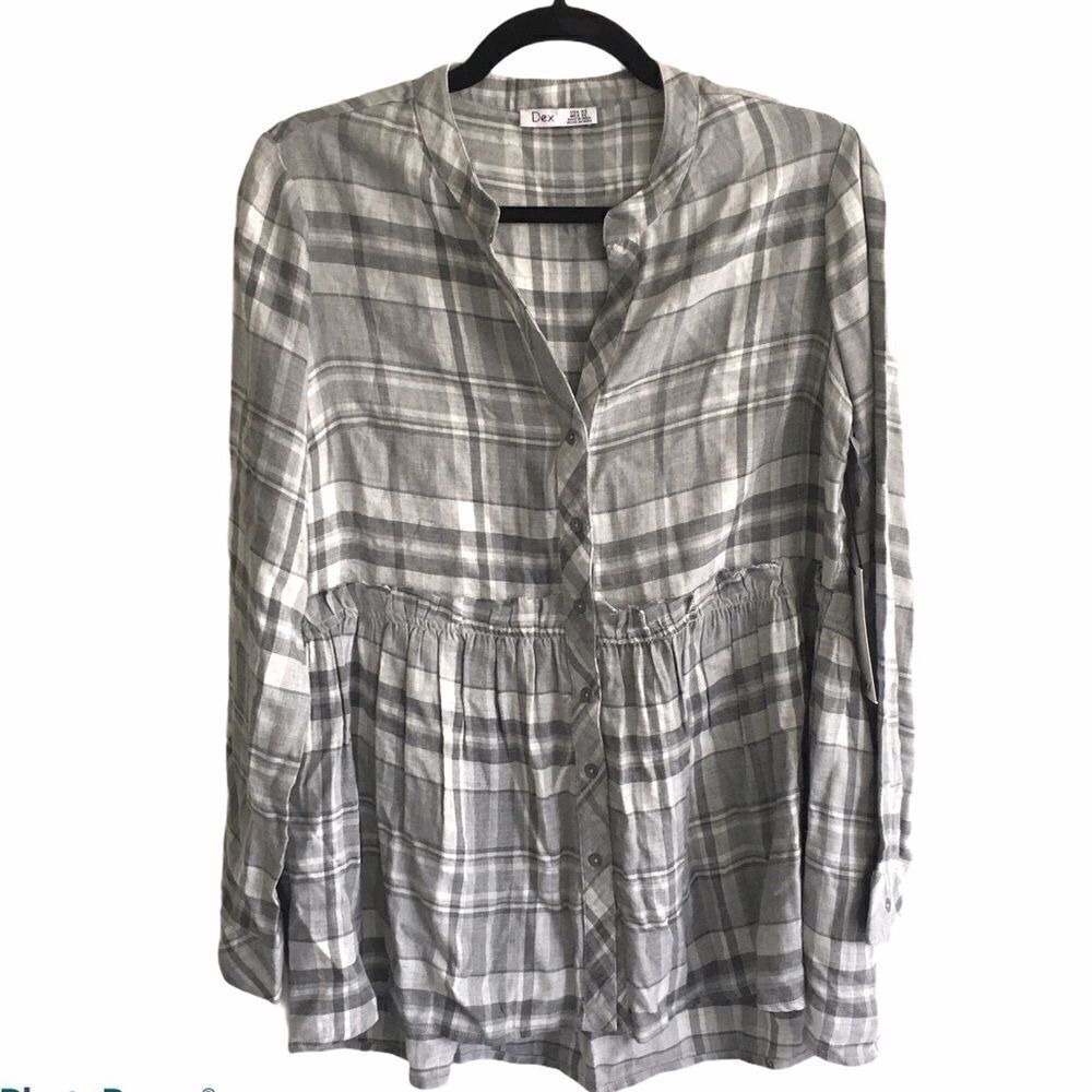 DEX Cotton Plaid Button Front Long Sleeve Peplum Shirt Blouse Gray XS